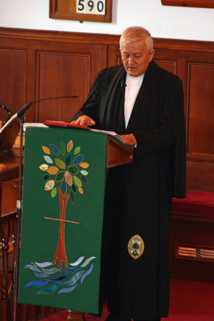 Rev Sandor Fazakas with new pulpit fall