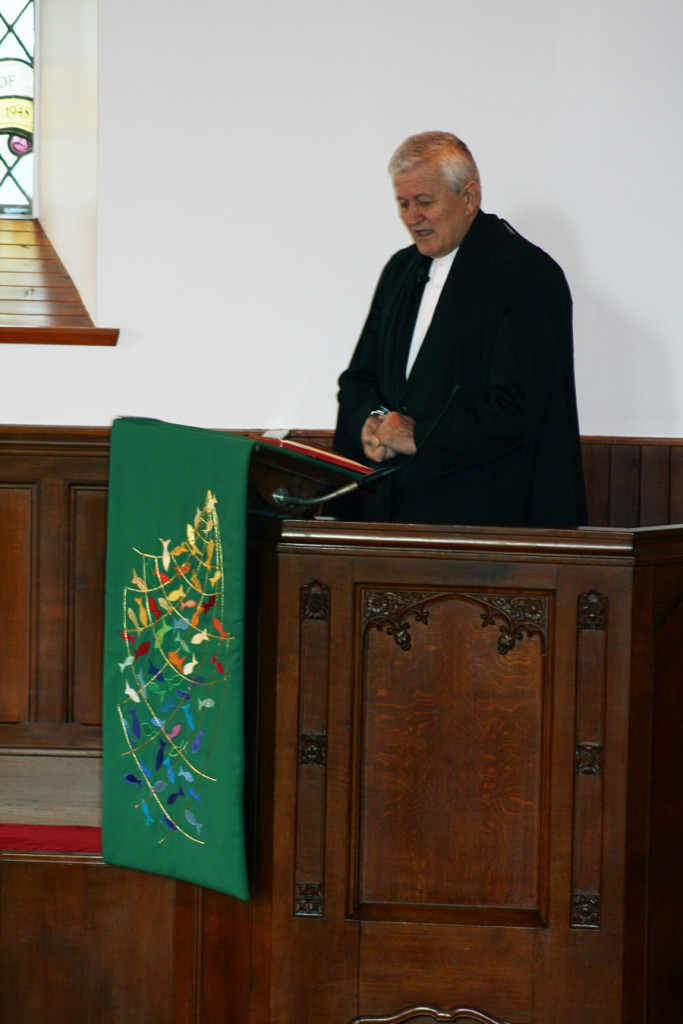 Rev Sandor Fazakas with new pulpit fall